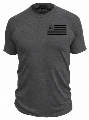 DTOM Combat Flag T-shirt in Heather Asphalt, front view